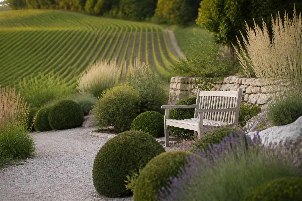 Allée de jardin en gravier filant en perspective entre des rangs de vigne champenois, bordure de buis et arrosoir en zinc